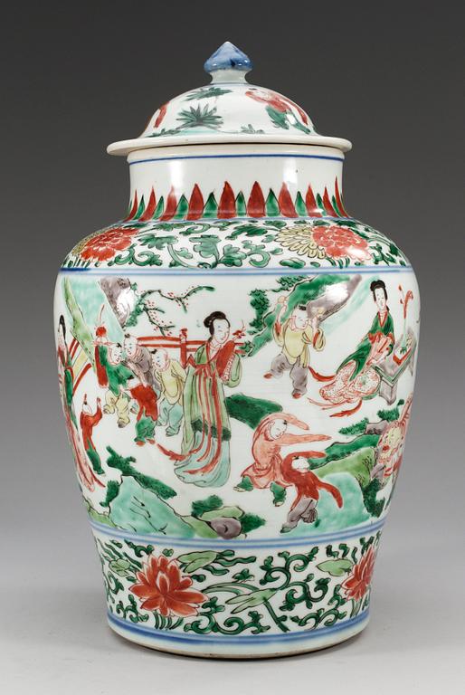 A wucai jar and cover, Transition, mid 17th Century.