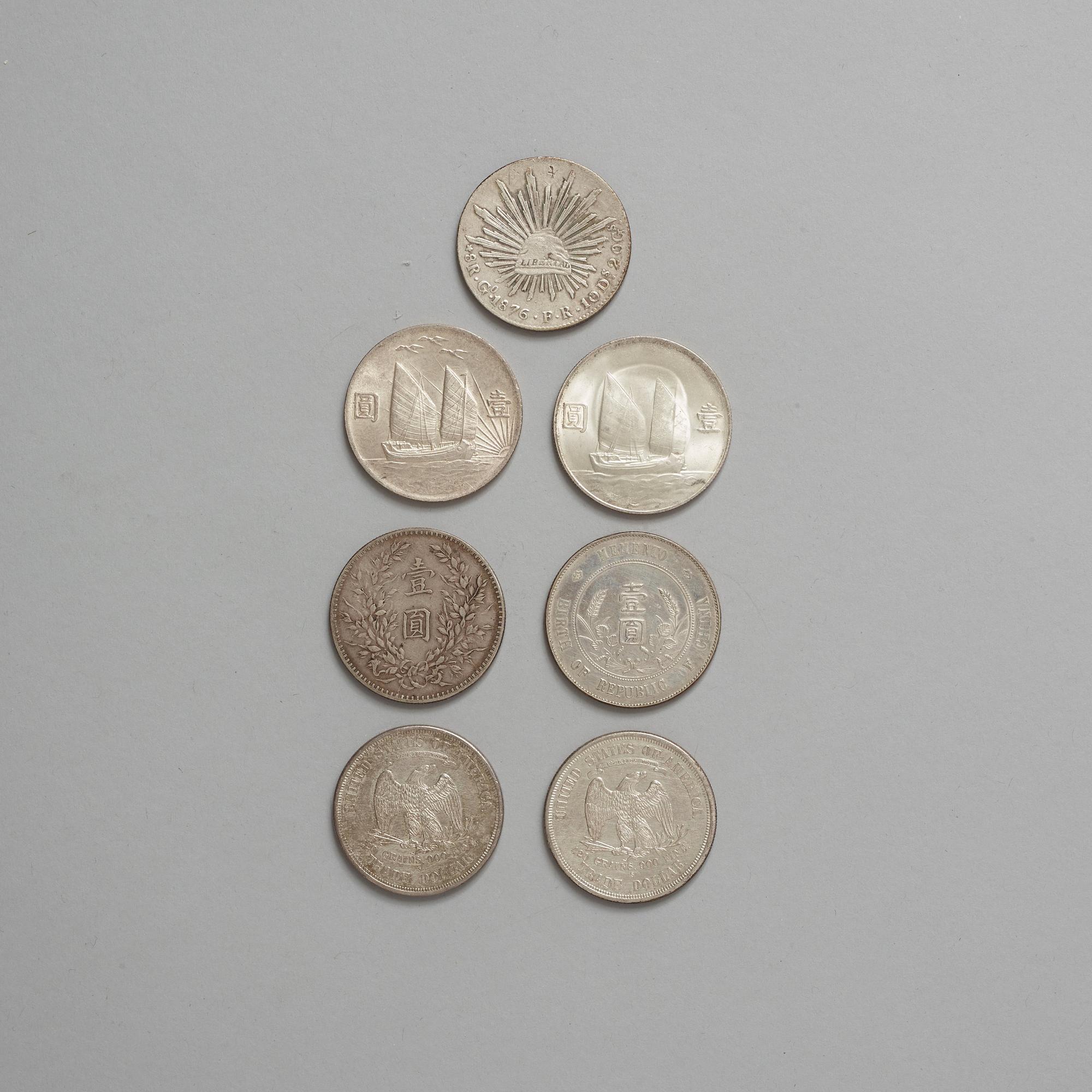 A group of seven silver coins, USA, Mexico and China, dated 1874-1920).
