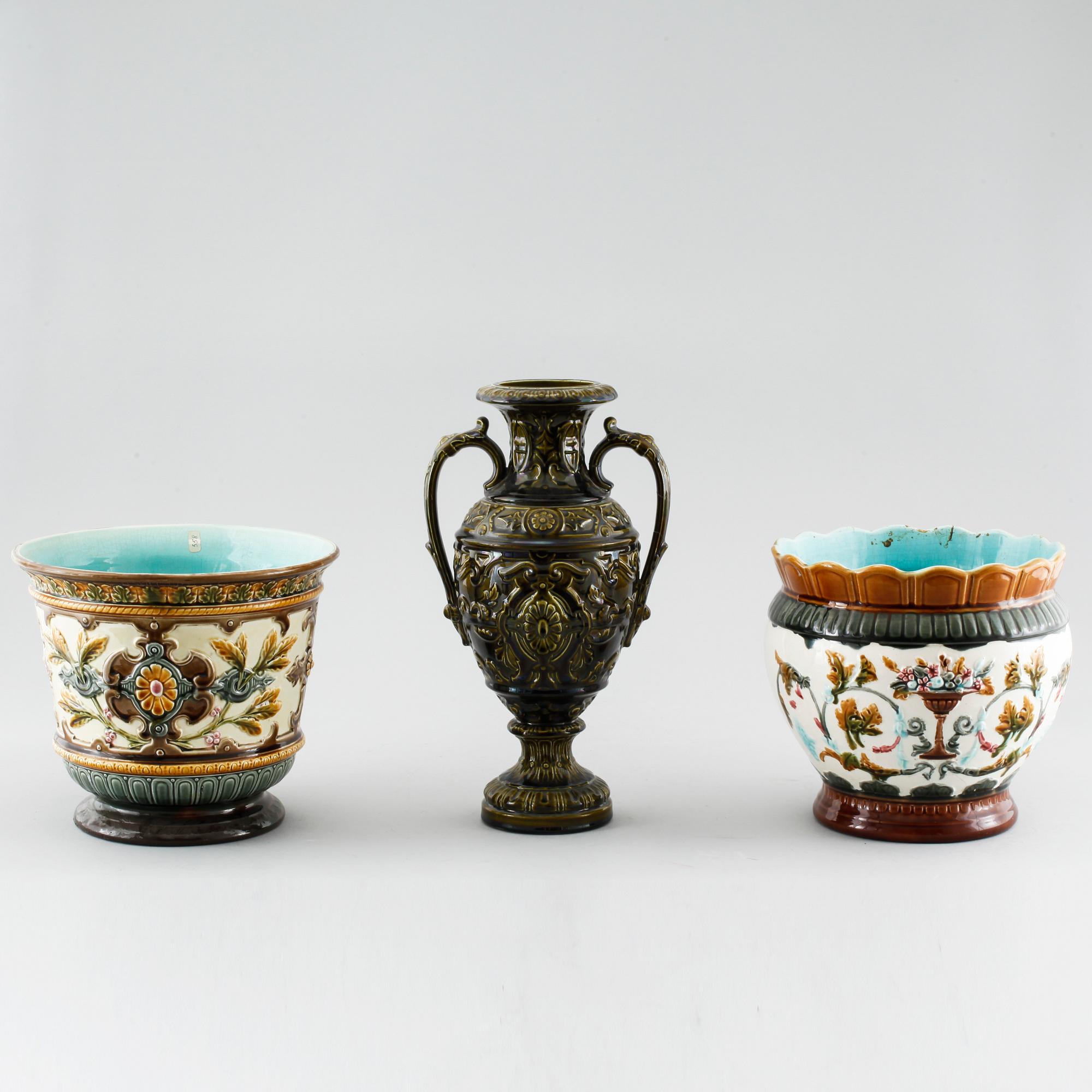 A majolica vase and two majolica flower pots from Rörstrand, around the year 1900.