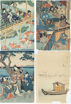 A group of four Japanese woodblock prints, Ogata Gekko, Utagawa Kunsiada and others.