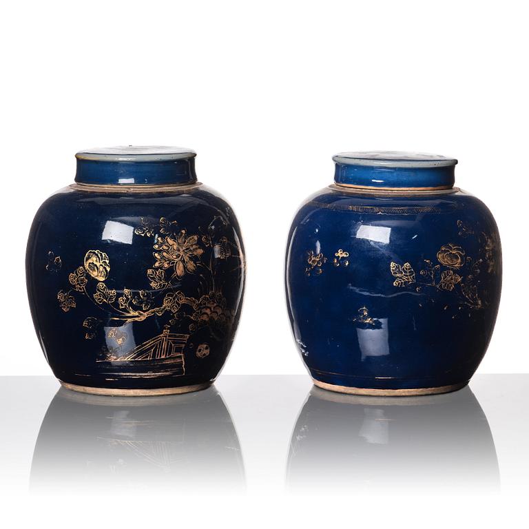 A pair of blue glazed Chinese jars with covers, Qing dynasty, Qianlong (1736-95).