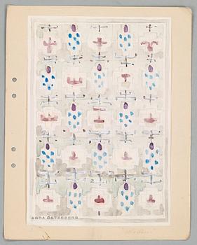 CARPET SKETCHES, 4 sheets. Watercolour and graphite. Three by Agda Österberg and one by Astrid Nyström.
