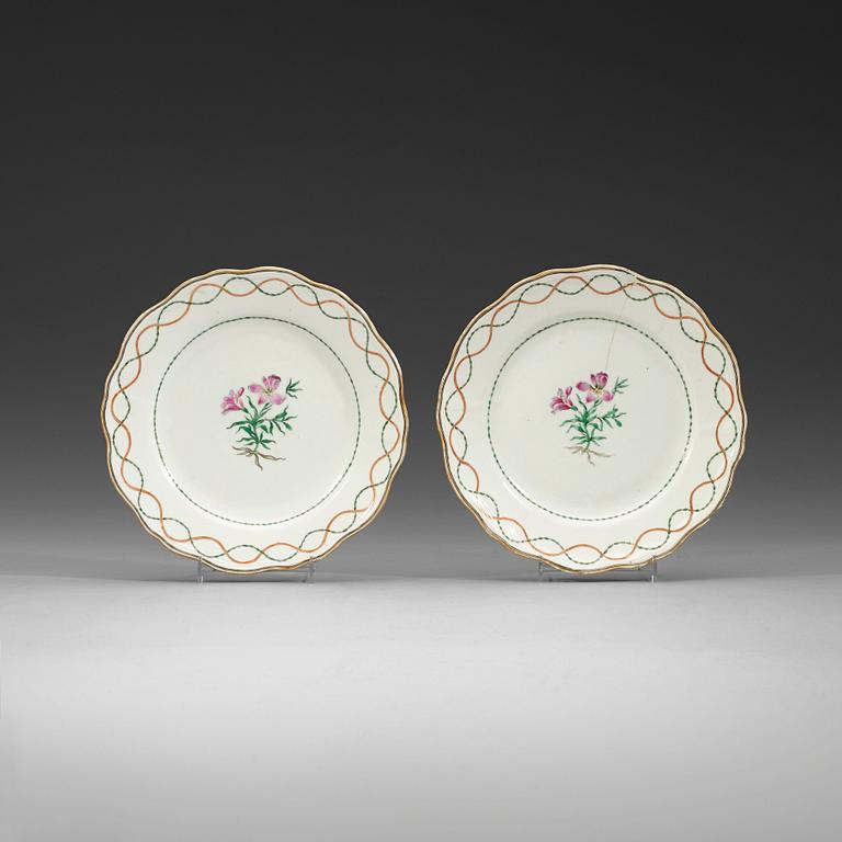 A pair of famille rose armorial dishes for Claes Alströmer, Qing dynasty, Qianlong (1736-95), ca 1770.