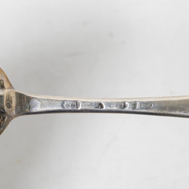 Five silver spoons, England and Sweden, 18th century.