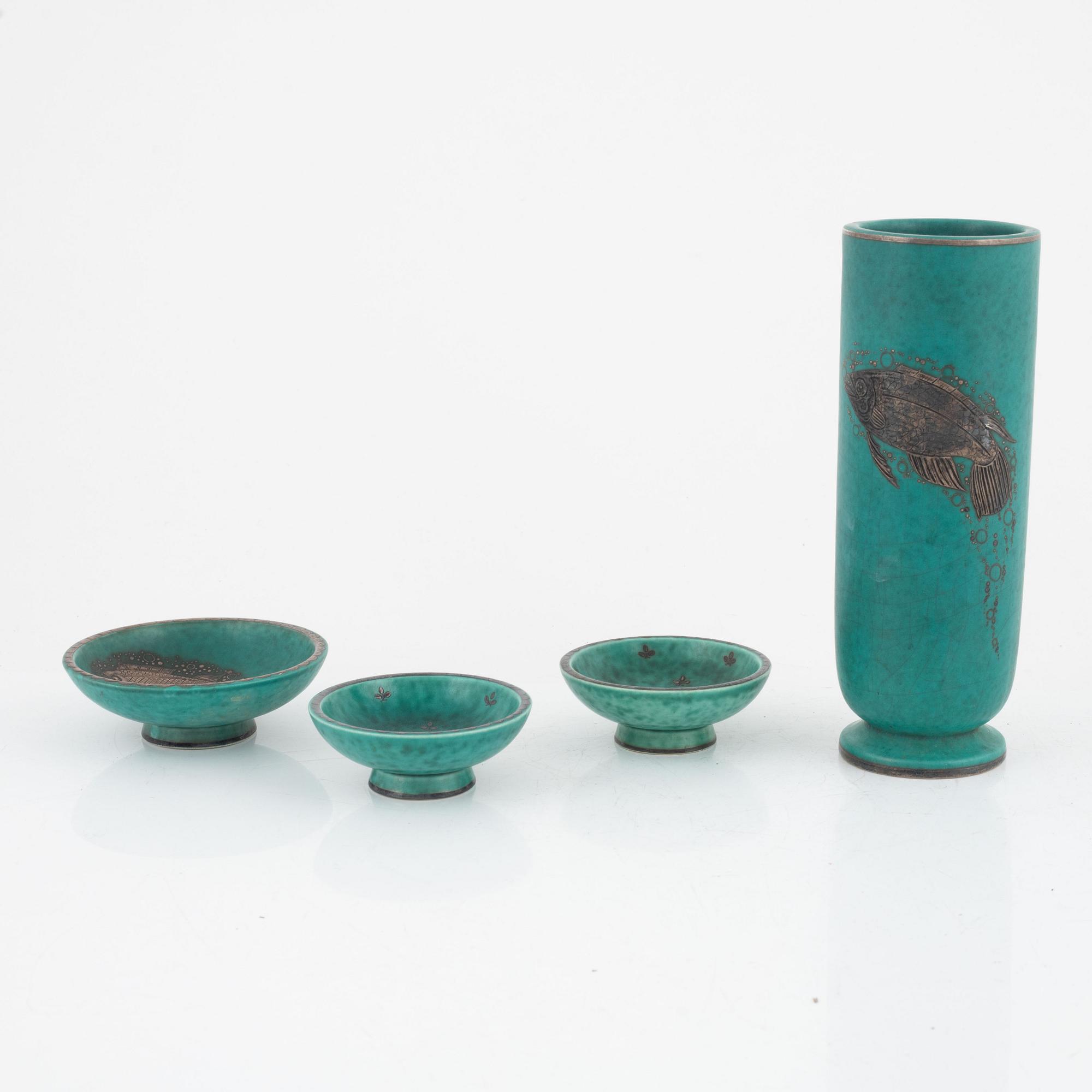 Wilhelm Kåge, vas och skålar, 3 st, "Argenta", Gustavsberg.