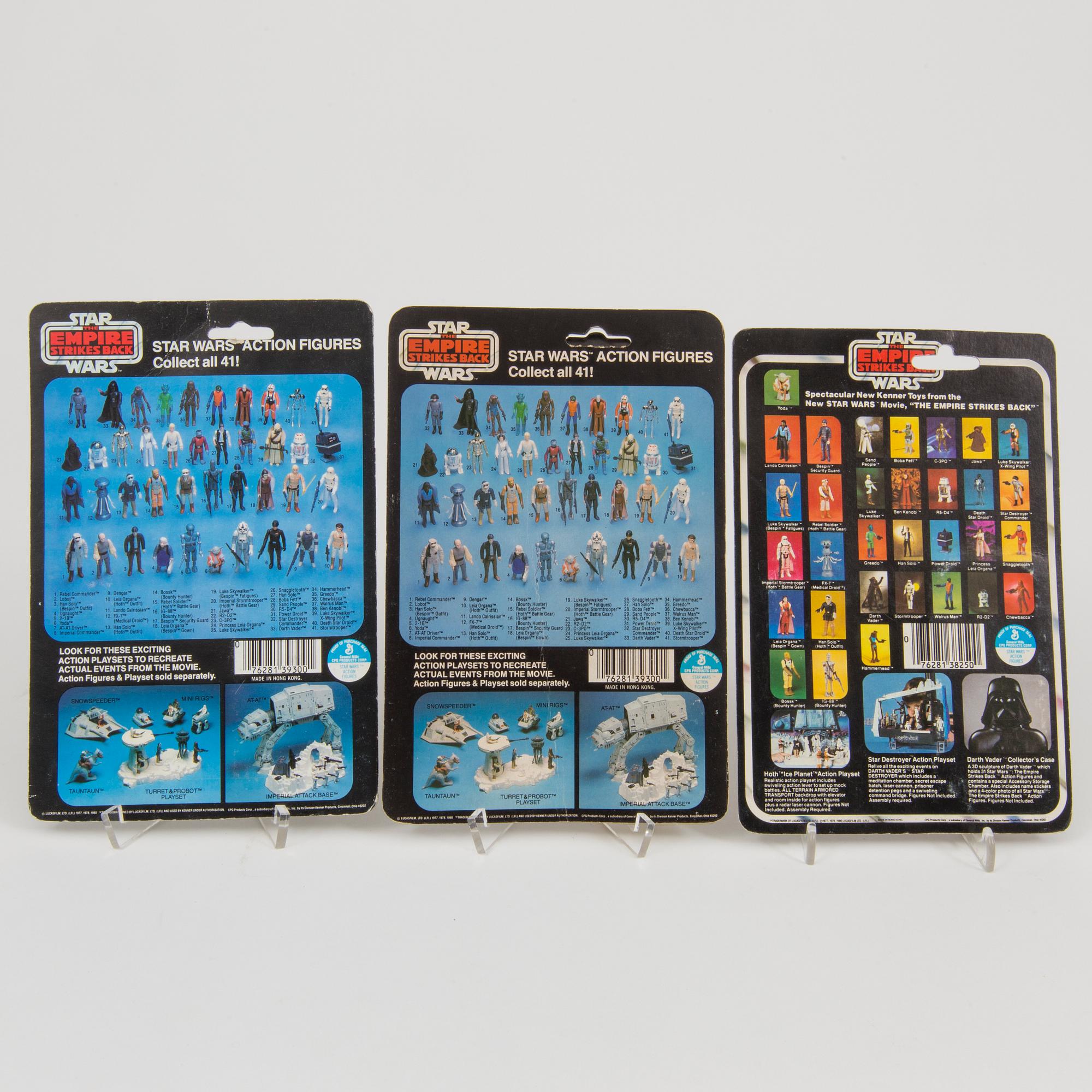 A lot of three vintage Star Wars figures in Empire Strikes Back packaging Kenner 1980s.