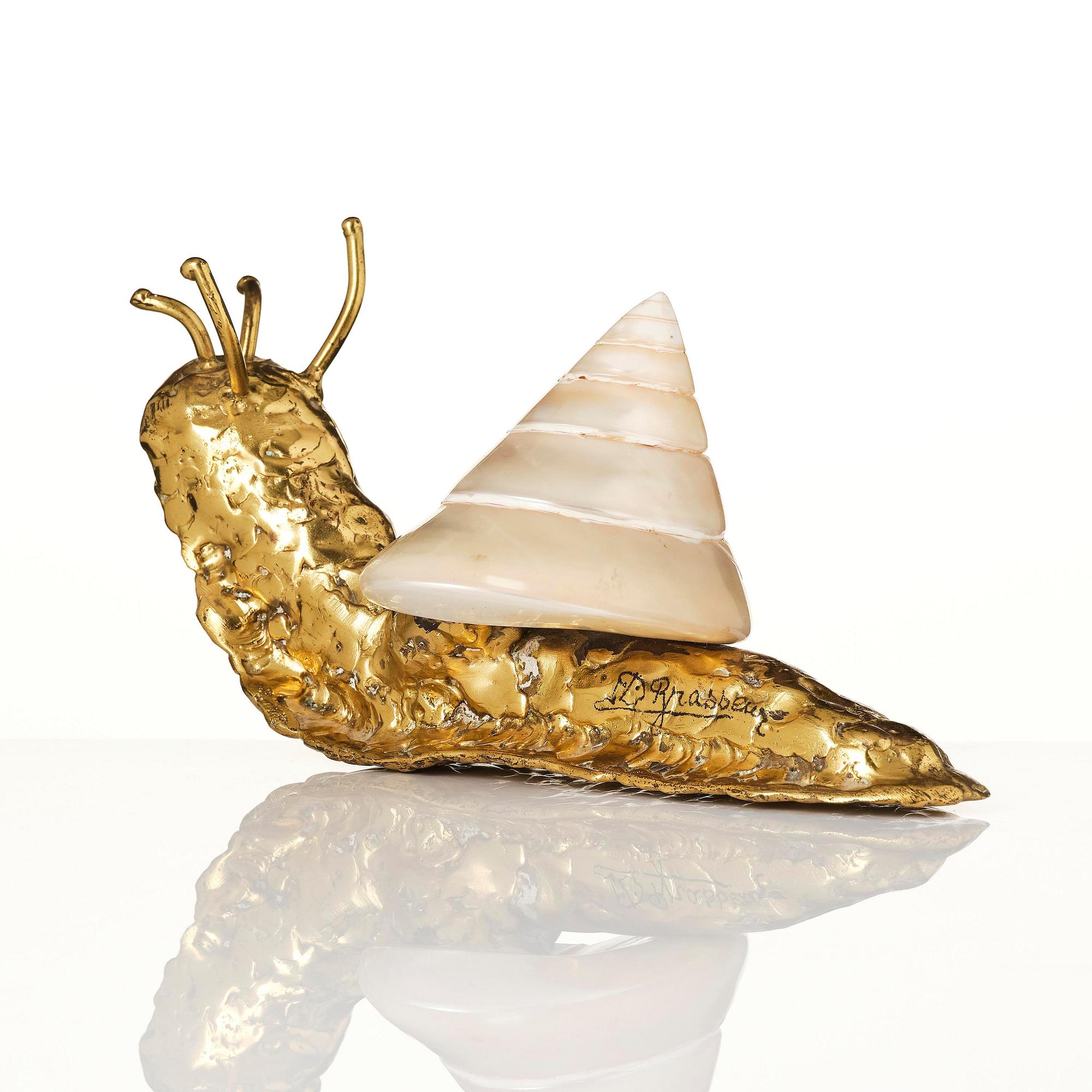 Jacques Duval-Brasseur, skulptur, snigel i brons med snäcka, Frankrike, 1970-tal.
