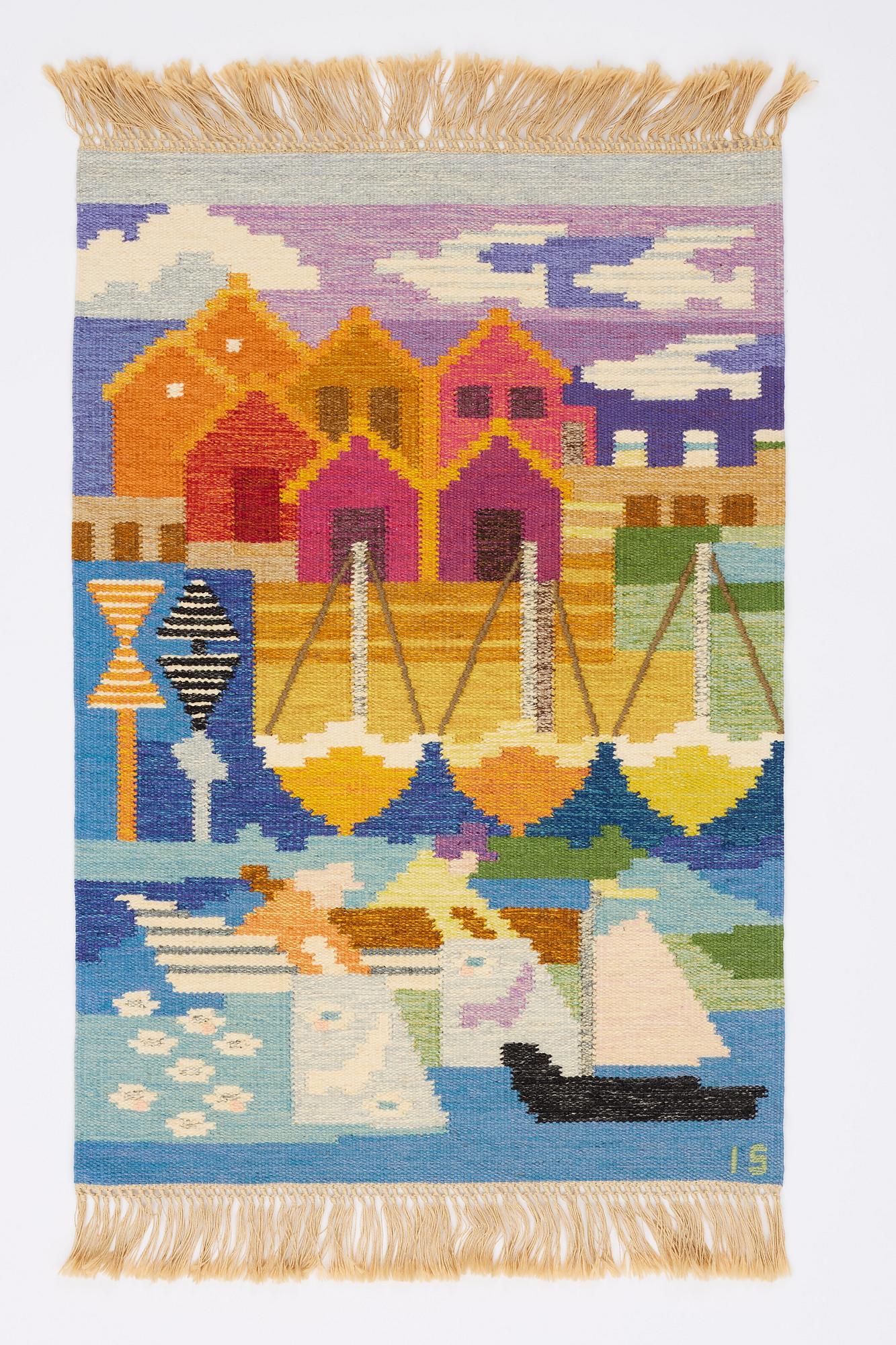 Ingegerd Silow, a wall hanging/rug, flat weave, 'Fiskeläge', signed IS, c. 122 x 85 cm.