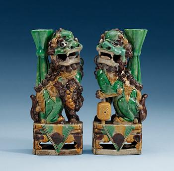 1546. A pair of famille verte bisquit censers, Qing dynasty, 18th Century.