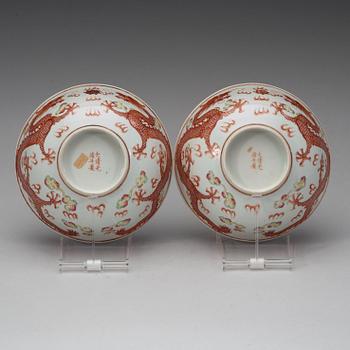 A pair of Republic five clawed dragon bowls, with Guangxus six character mark.