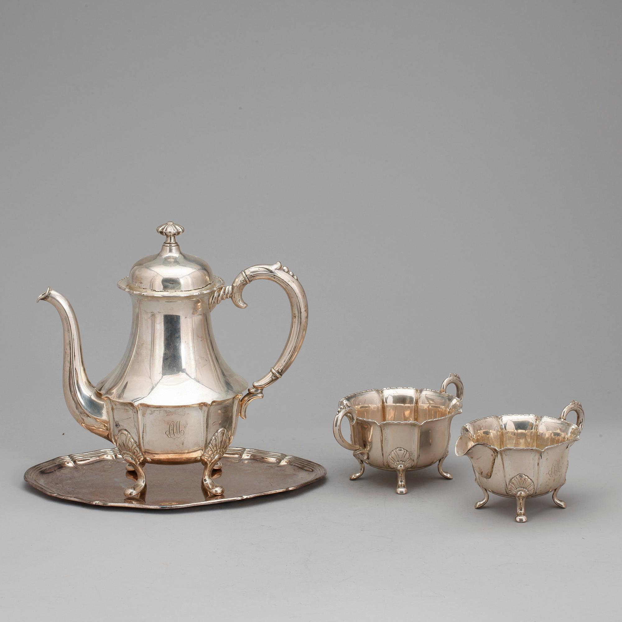 KAFFESERVISDELAR, 4 st, silver, Norge, 1938, vikt ca1126 g,