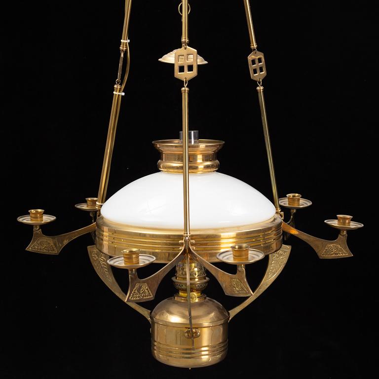 A brass paraffine pendant lamp, late 20th Century.