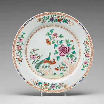 707. A famille rose 'double peacock' dish, Qing dynasty, Qianlong (1736-95).