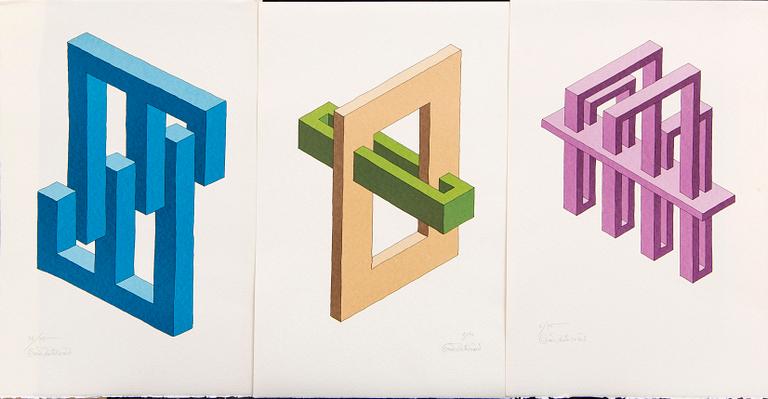 Oscar Reutersvärd, three color lithographs, signed 6/75, 36/75 & 5/90.