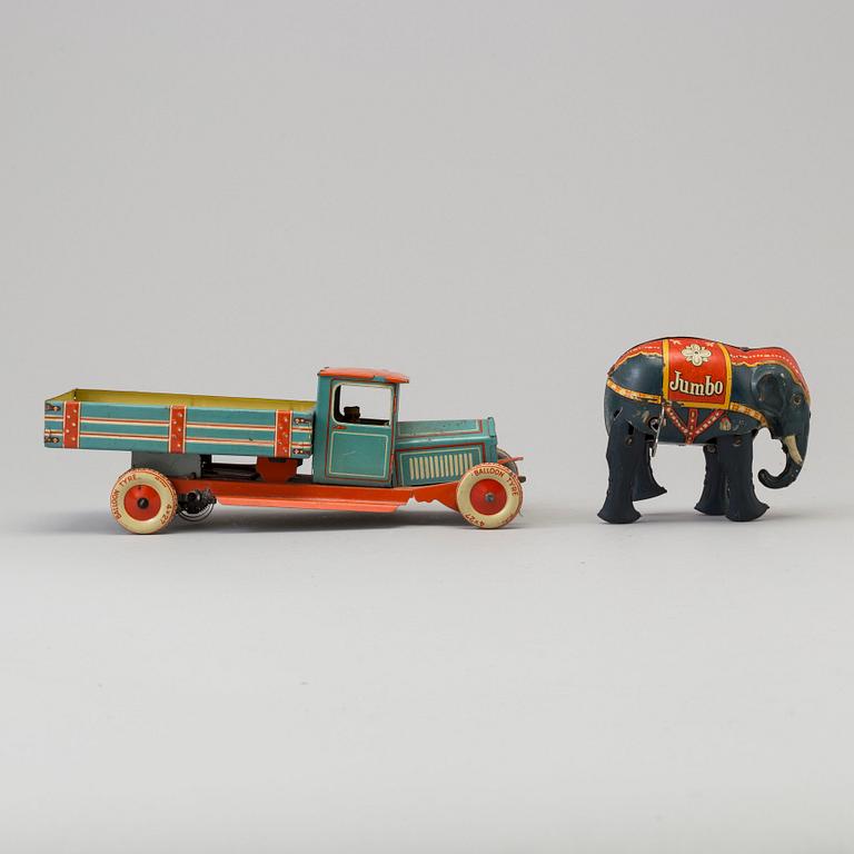 Two tin toys including "Jumbo" the elephant by BLOMER & SCHULER Germany and a car, mid 20th century.