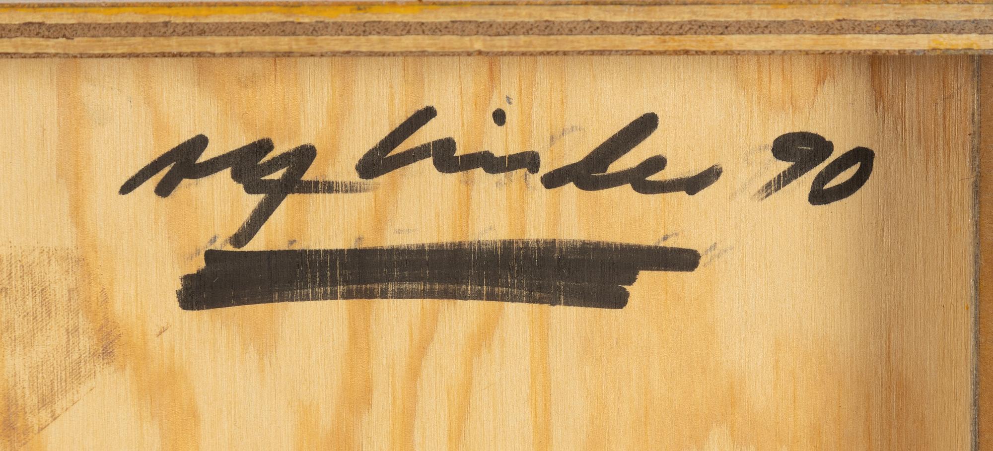 Alf Linder,  mixed media on panel, sigfned and dated -90 verso.