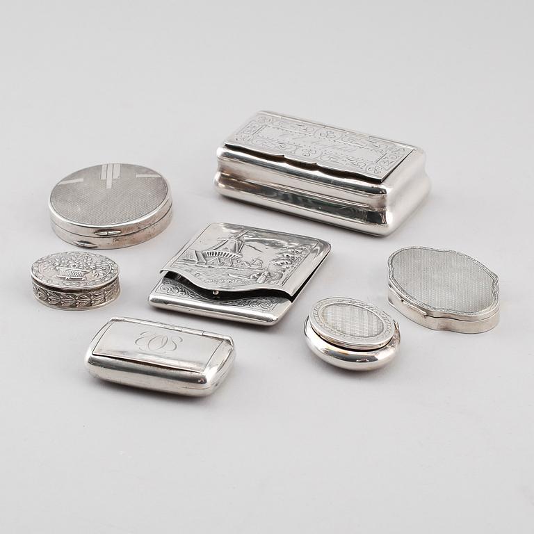 SAMLING DOSOR, 7 st, silver, 1900-tal. Vikt ca 232 g.