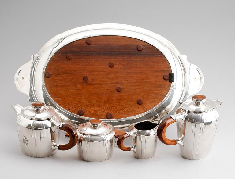 KAFFE- OCH TESERVIS, 5 delar, pläter och jakaranda, art déco, 1900-talets första hälft.