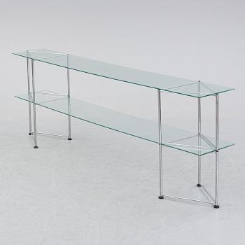 A late 20th century glass and metal shelf / sideboard.