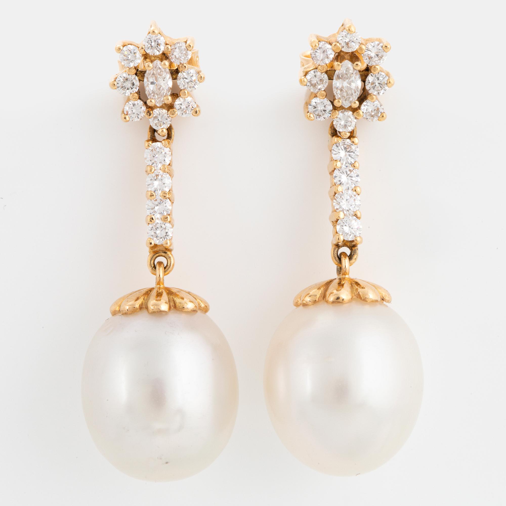 Cultured South sea pearl and brilliant-cut diamond earrings.