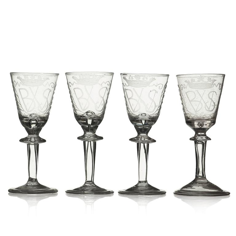 Four engraved Swedish wine goblets, 18th Century.