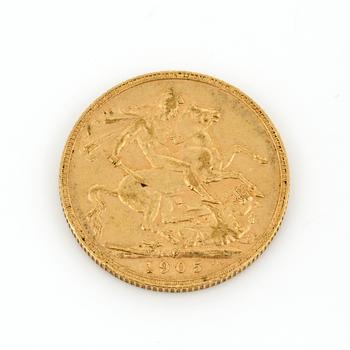 GULDMYNT, sovereign, Edward VII, Storbritannien, 1905. Vikt ca 8 gram.