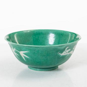 A Chinese green glazed 'three friends of winter' bowl, Republic, 20th century.