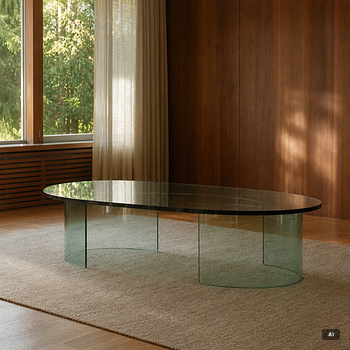 A glass coffee table, contemporary.