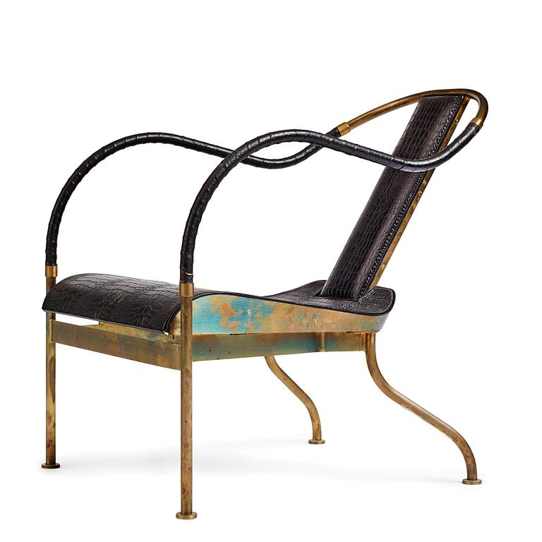 Mats Theselius, an "El Rey" brass and black leather armchair, Källemo, Sweden post 1999.