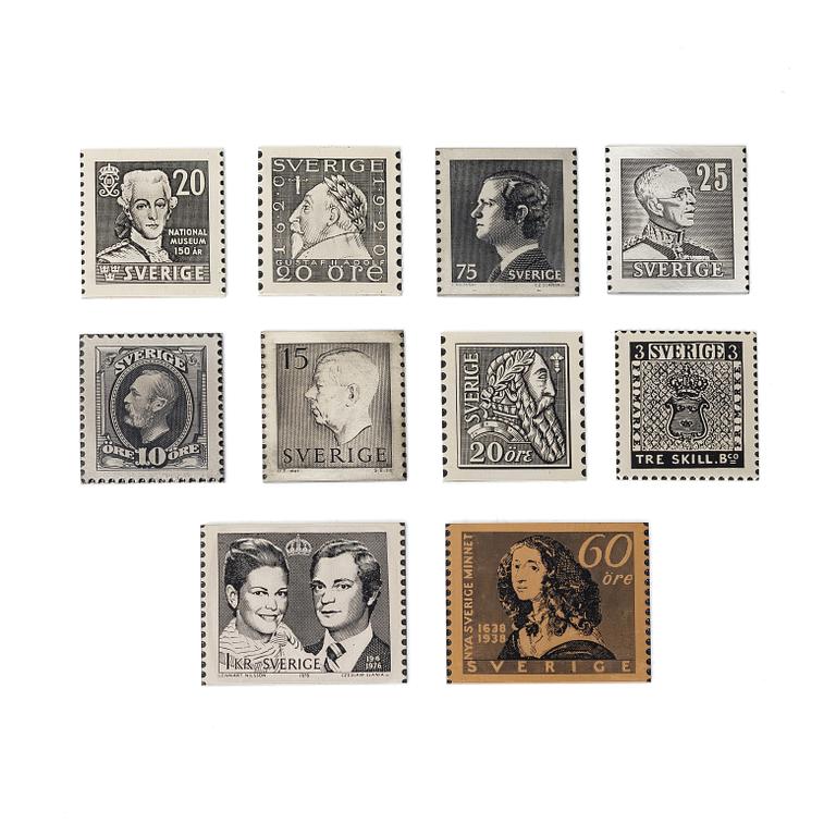 Frimärksplaketter, nio i silver samt en i brons, Guldfynd Plakett AB, bl a 1977.