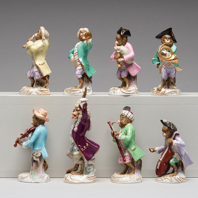 A set of eight figures from the 'Affenkapelle', after a model by Meissen, 20th Century.