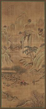 Two hanging scrolls of figures in a landscape, and with calligraphy, late Qing dynasty (1644-1912).