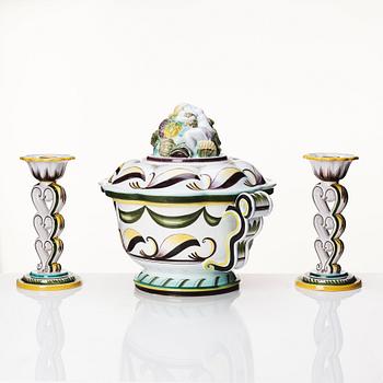 Arthur Percy, a Swedish Grace  lidded faience bowl and a pair of candlesticks,  Gefle Porslinsfabrik 1920s-1930s.