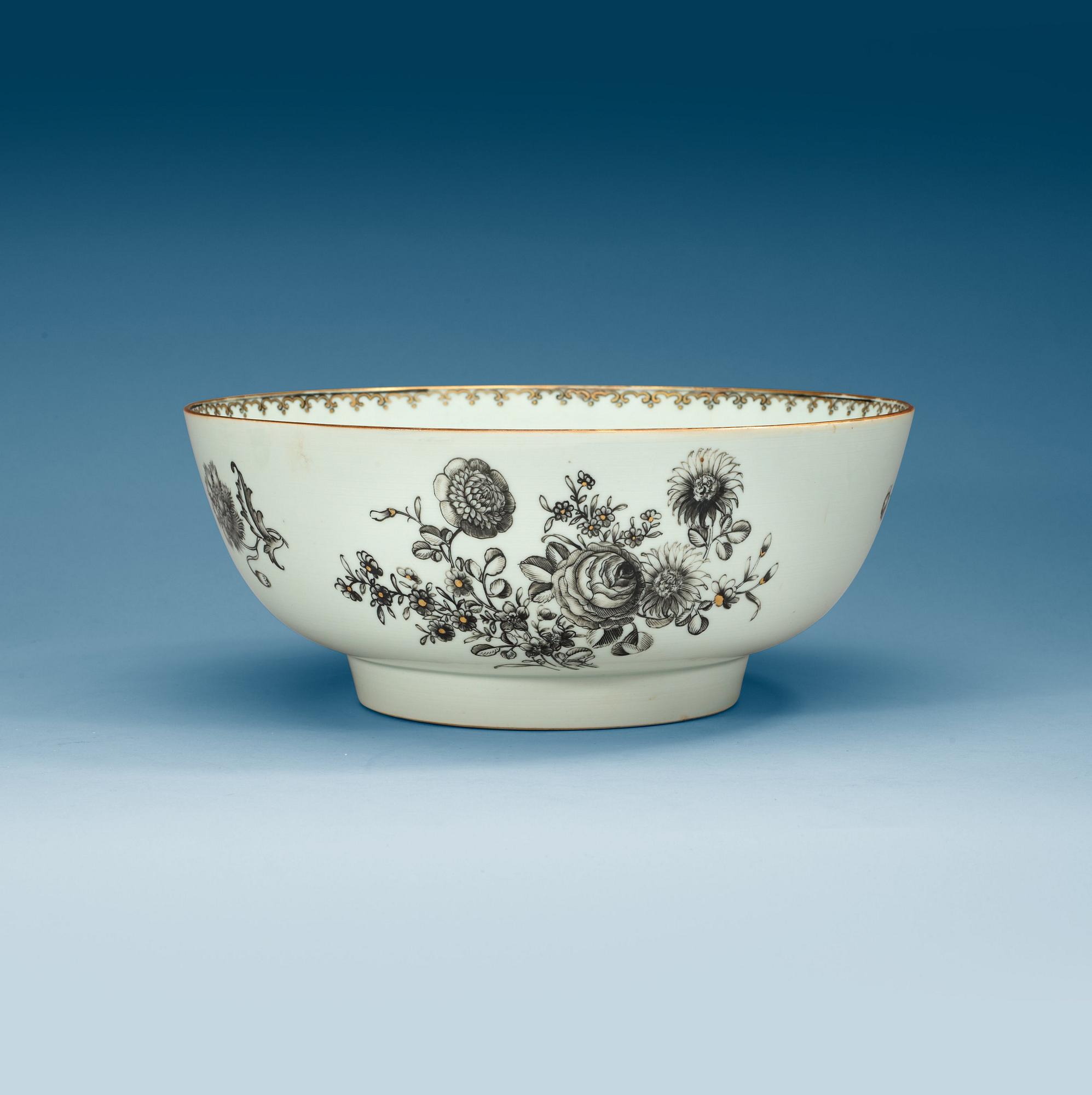 A grisaille punch bowl with a Swedish Bank note, Qing dynasty, Qianlong dated 1762.