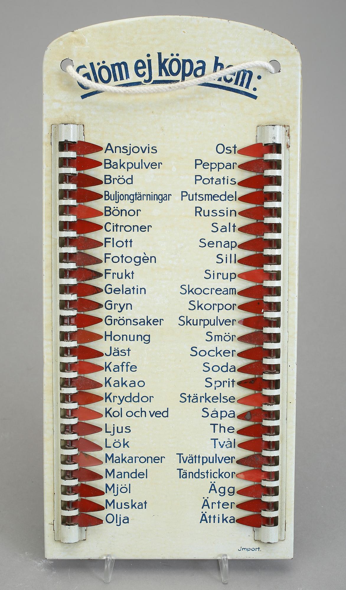 INKÖPSTAVLA TILL HUSHÅLLET, plåt, 1930/40-tal.