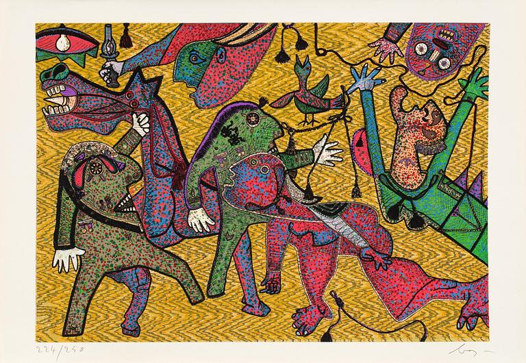 ENRICO BAJ, a lithograph in color and mixed media. Numbered 224/250 and signed.