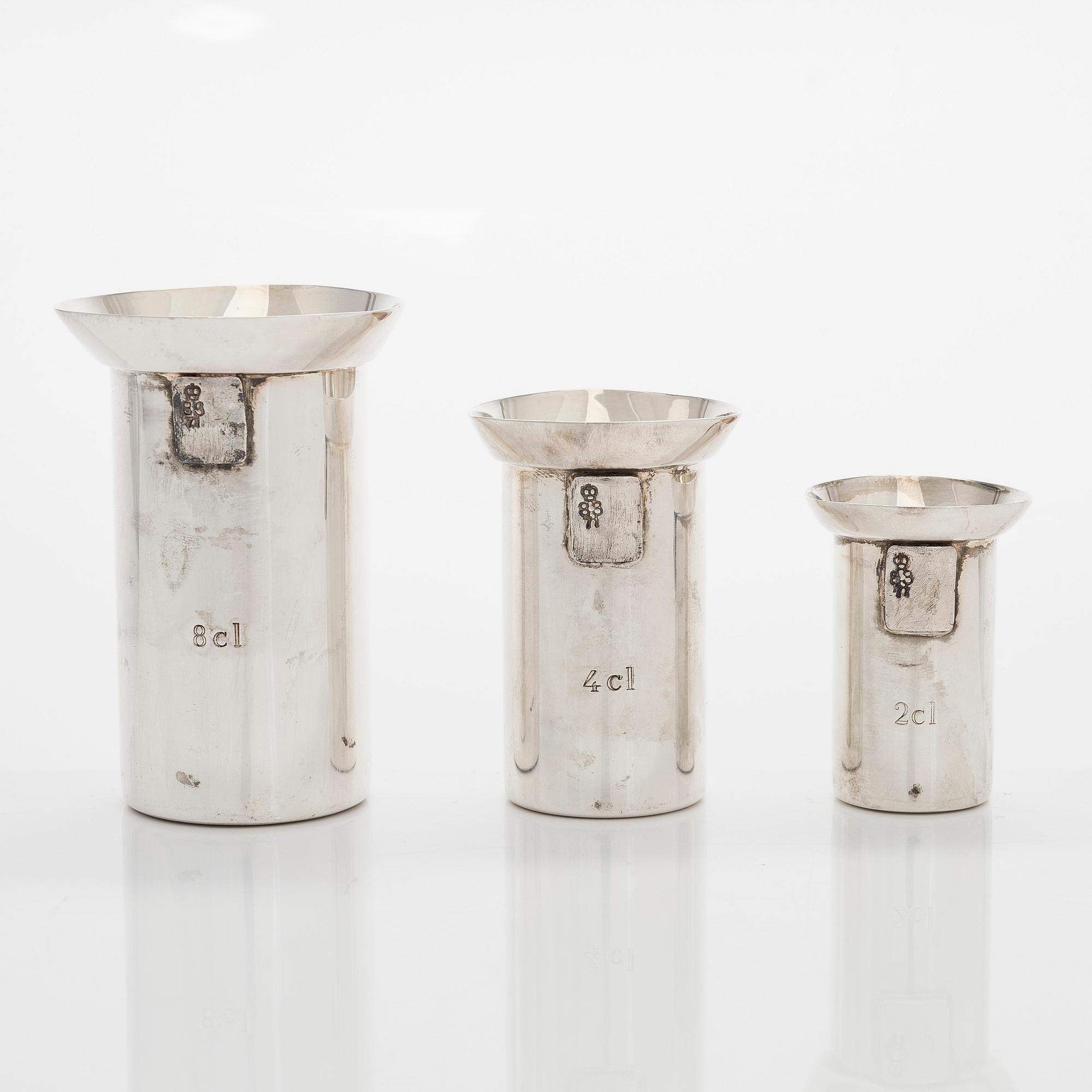 Three spirit measuring cups, silver 830, in a wooden box, Kultakeskus, Finland 1983.