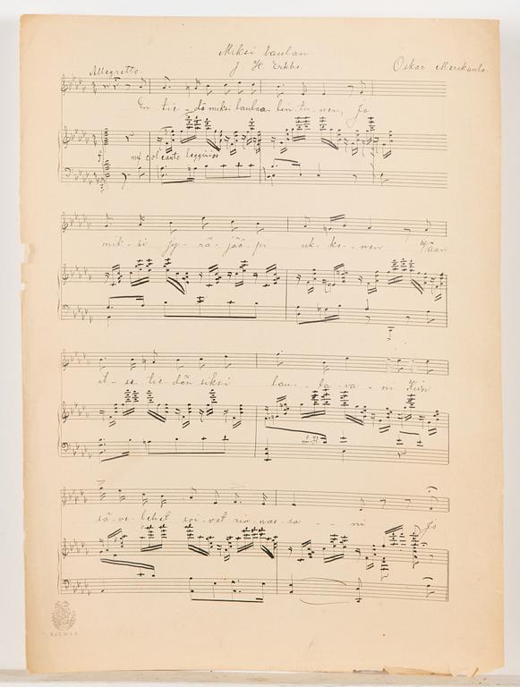 Oskar Merikanto, handwritten sheet music, "Miksi laulan" op. 20, no. 2 of three songs, 4 pages, probably comp. in 1894.