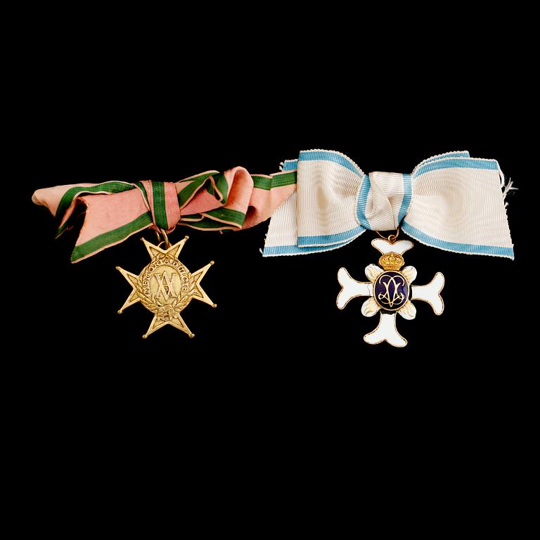 MEDALJ, förgylld metall, Amarantorden, daterad D 14 Juli 1760 samt MEDALJ, 18 k guldram, emaljdekor.