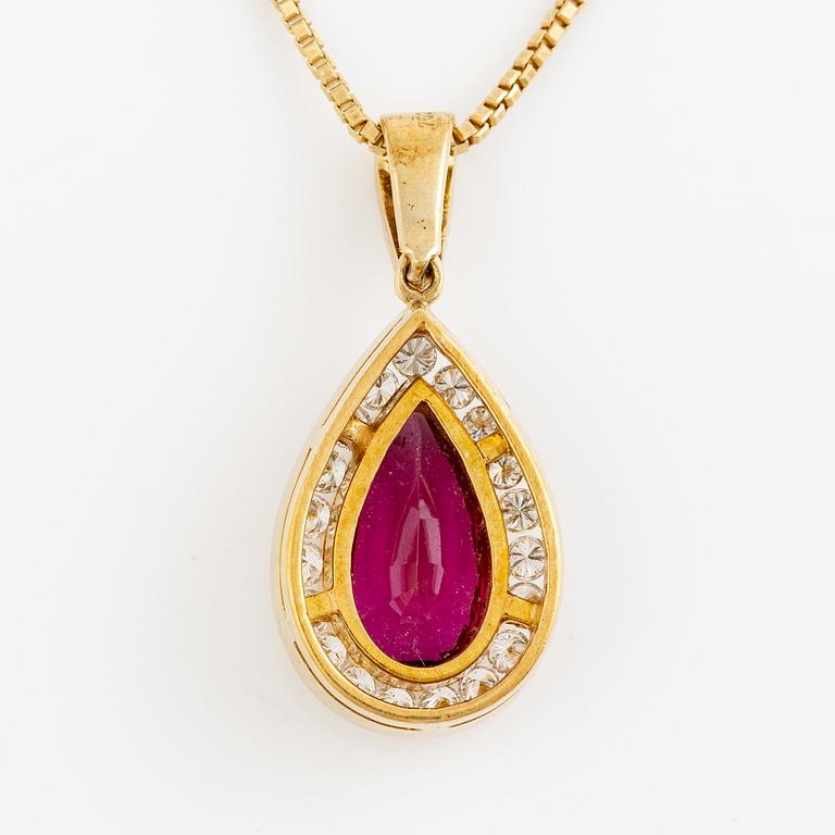 Pendant with chain, 18K gold set with a pink and red toned drop-shaped tourmaline and brilliant-cut diamonds.