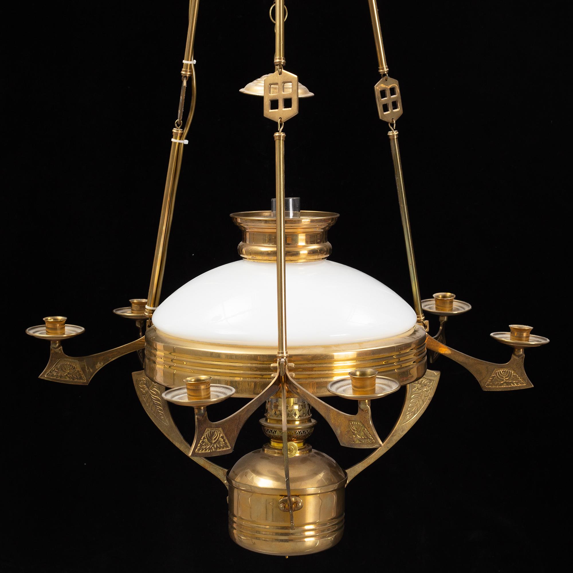 A brass paraffine pendant lamp, late 20th Century.