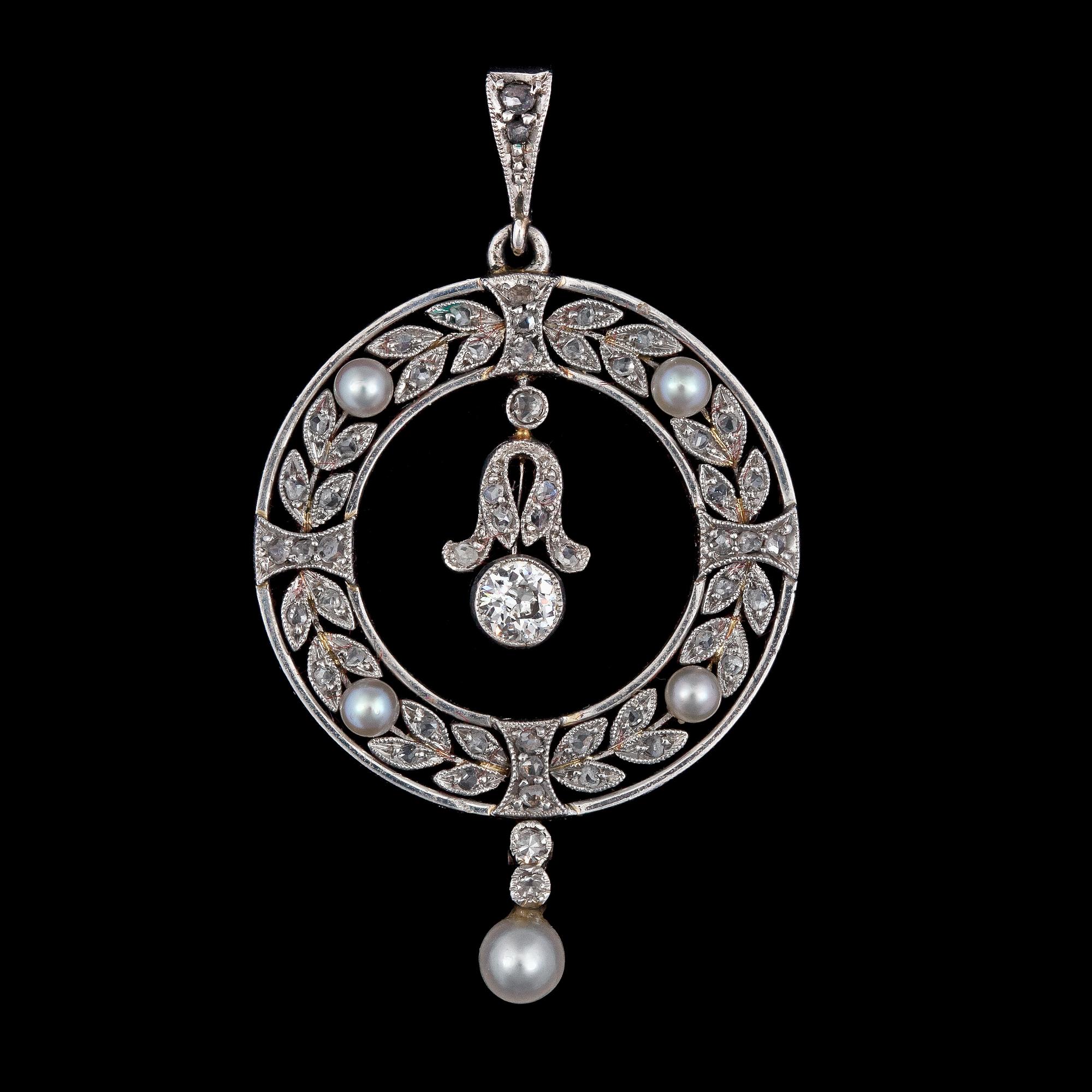 HÄNGE, gammalslipad diamant samt rosenslipade och orientaliska pärlor, ca 1905.