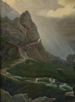 Okänd konstnär, 1800-tal, Oväderslandskap med herdinna och får.