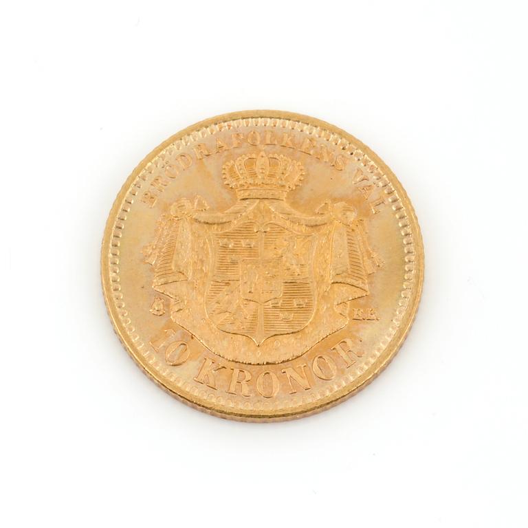 GULDMYNT, 10 kronor, Oscar II, Sverige och Norge 1901. Vikt ca 4,5 g.