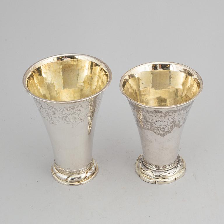 2 parcel-gilt silver beakers, Carl lemon, Uppsala, one 1764.