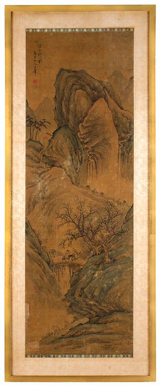 A painting on silk of figures in a landscape, by Anonumous artist, Qing dynasty, 18th/19th Century.