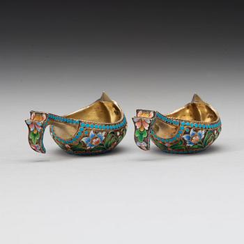 A pair of Russian silver-gilt and enameled kovsch/salts, unidentified makers mark, Moscow 1899-1908.