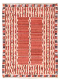 409. Barbro Nilsson, a carpet, 'Salerno röd', flat weave, c. 261 x 193 cm, signed AB MMF BN.