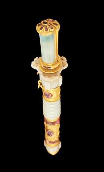 A gilt jade-mounted ceremonial double sword and scabbard with inlaid 'Gems', Qing dynasty.