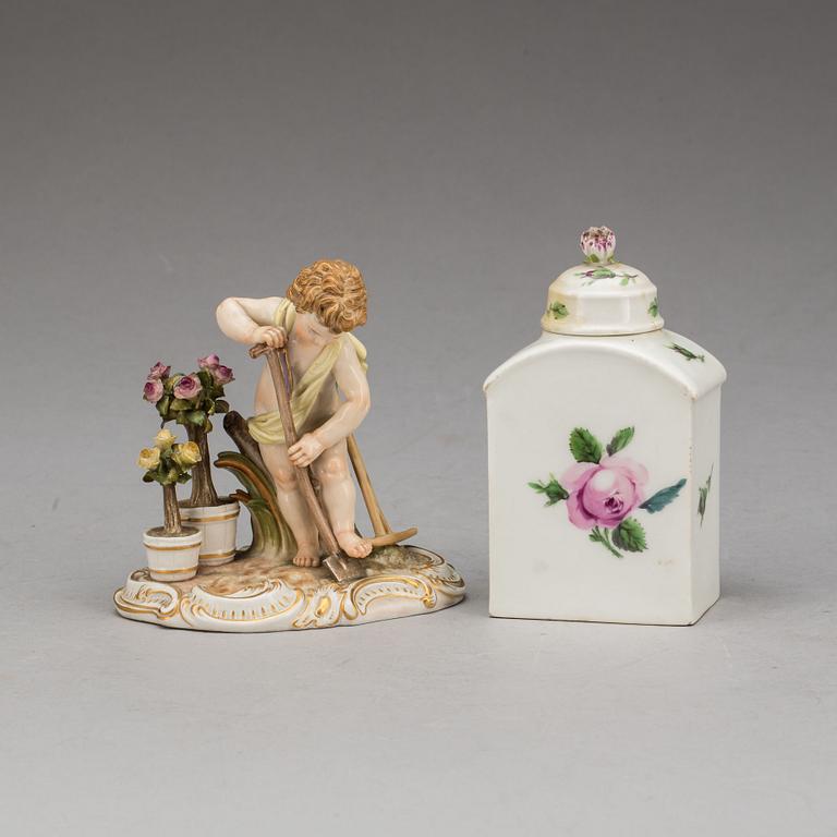 DOSA samt FIGURIN porslin, Meissen, Tyskland, tidigt 1800-tal resp 1900-tal.